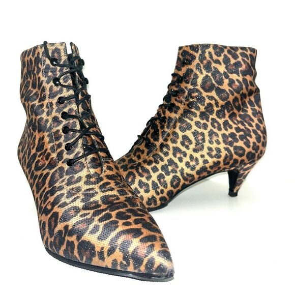 Saint Laurent Paris Cheetah Lace Up Booties Kitten Heel Gold Metallic EUC 10.5 - Picture 1 of 14